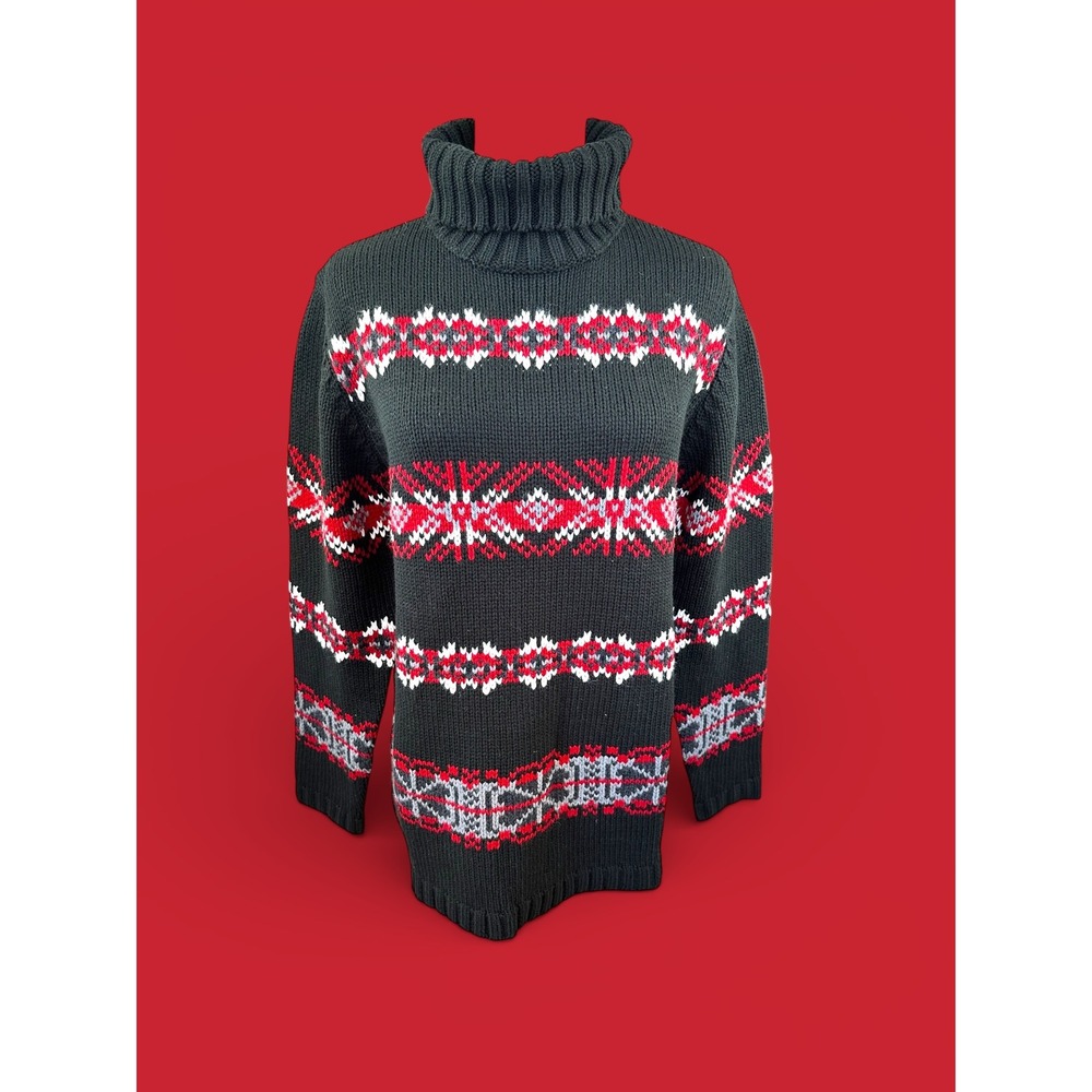 DENIM & CO NWT SZ MED Fair Isle Turtleneck Sweater Women's Black Red White Knit